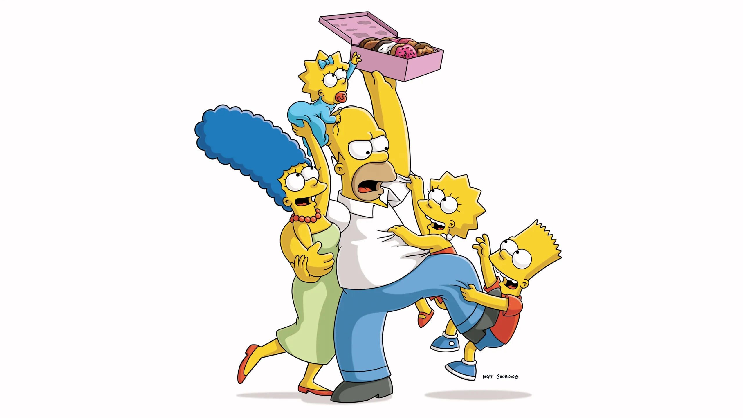 Arte de divulgação da família Simpson ao redor de Homer com uma caixa de rosquinhas